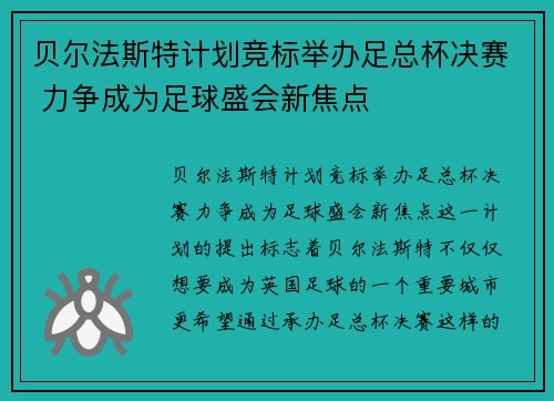 贝尔法斯特计划竞标举办足总杯决赛 力争成为足球盛会新焦点