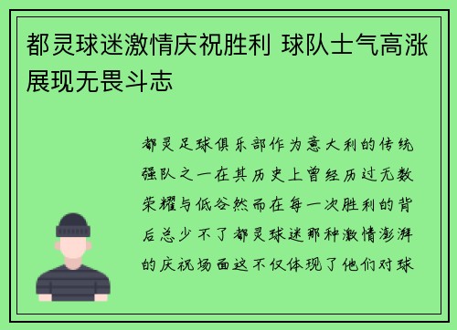 都灵球迷激情庆祝胜利 球队士气高涨展现无畏斗志