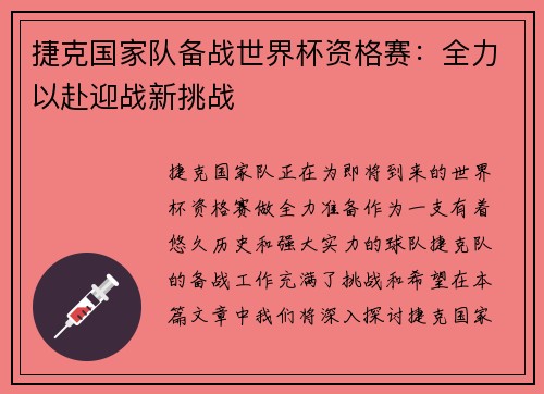 捷克国家队备战世界杯资格赛：全力以赴迎战新挑战