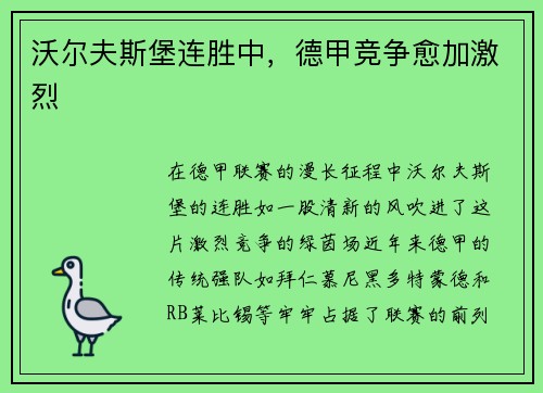 沃尔夫斯堡连胜中，德甲竞争愈加激烈