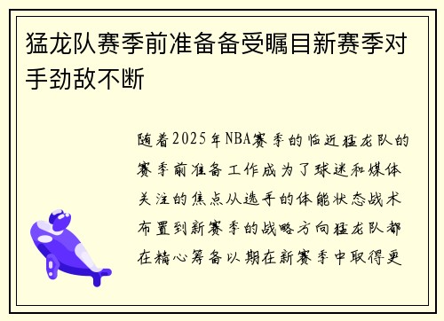 猛龙队赛季前准备备受瞩目新赛季对手劲敌不断