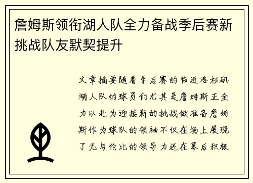 詹姆斯领衔湖人队全力备战季后赛新挑战队友默契提升